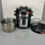 Emeril Lagasse Pressure Cooker Air Fryer Plus Stainless Steel Qt. Y6D-AF-36B. Fixed Price $79.99.