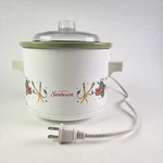 Vtg Sunbeam Slow Cooker Crock Pot 1.5 Quart White With Green Ceramic Works. Fixed Price $17.09.
