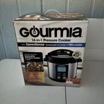 Gourmia 6-QUART Pressure Cooker With Auto Release, Stainless Steel Open Box. Fixed Price $200.00.