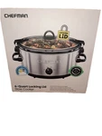 6 Quart Slow Cooker, Locking Lid, Ceramic Crock, Portable Travel Latch. Fixed Price $55.00.
