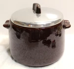 Vintage West Bend Brown Ceramic Bean Pot W/ Aluminum Lid Mcm. Fixed Price $16.00.