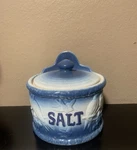 Antique Blue Salt Glazed Crock Box W/cover Lid W/love Birds Also Hangs. Fixed Price $69.00.