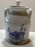 Vintage Ceramic Crock Canister Blue Flower Box With Lid Double Handles. Fixed Price $18.00.