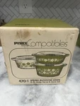 Vintage Pyrex Spring Blossom Green 470-1 3-PC Bake Serve Store Set W/ Box. Fixed Price $337.50.